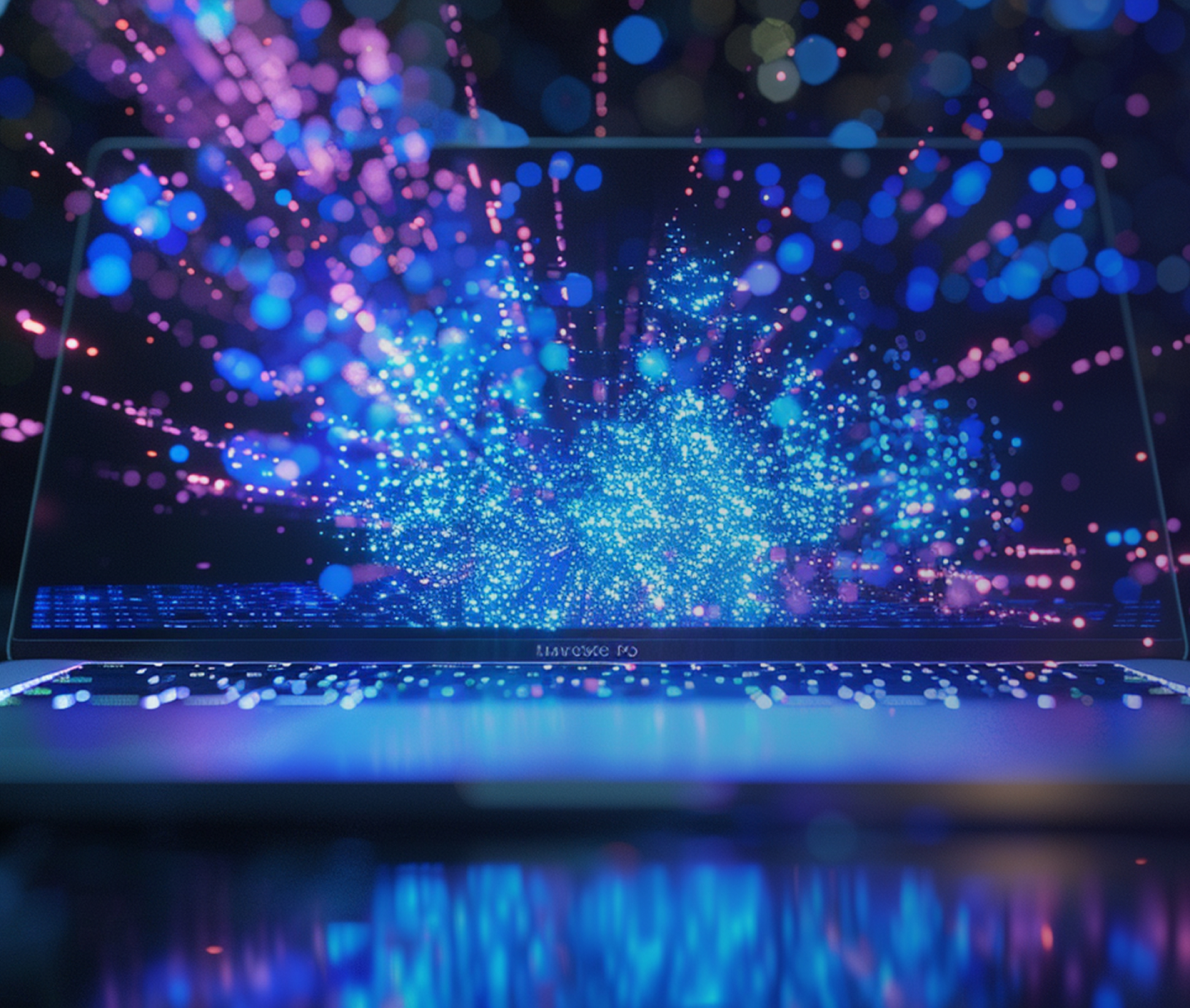 Abstract representation of data flow or digital energy emanating from a laptop screen. Blue and purple light particles burst from the display, suggesting high-speed processing or connectivity.​
