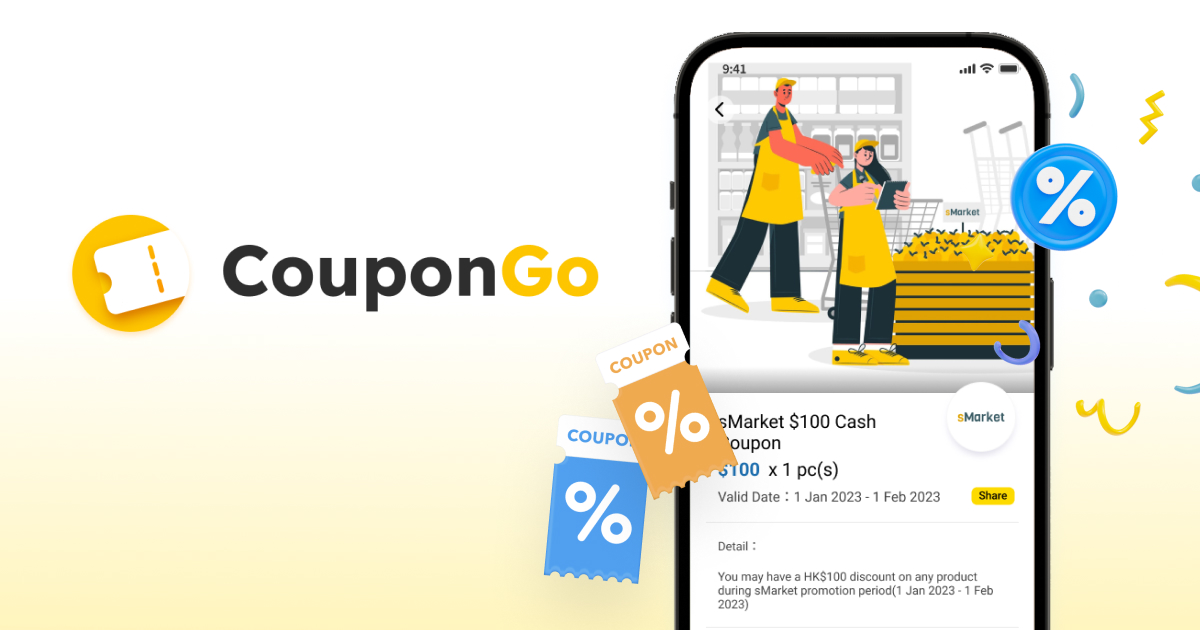 A mobile phone displaying the CouponGo app interface, highlighting deals and discounts. The background features shopping-related graphics.​