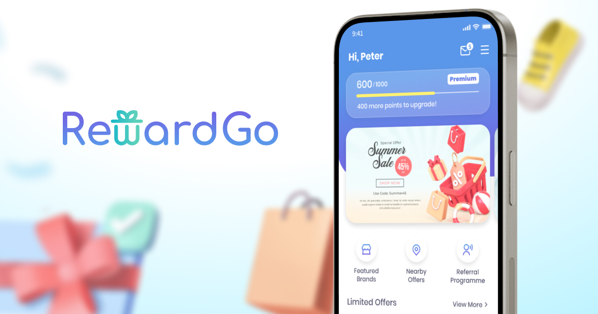 A mobile phone showcasing the RewardGo app, featuring rewards and loyalty programs. The background includes gift and reward-themed graphics.​