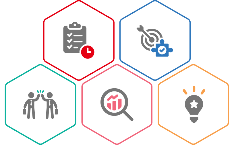 A collection of five icons: 1) Two people talking to each other, symbolizing communication and collaboration; 2) A checklist with a clock, representing task management and time efficiency; 3) A target with an arrow hitting the bullseye, indicating goal achievement and focus; 4) A magnifying glass over a chart, signifying analysis and data investigation; 5) A light bulb with rays, symbolizing ideas, innovation, and creativity.​