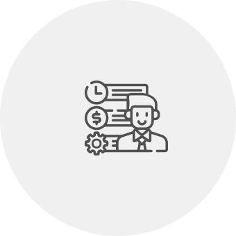 A person symbol alongside a clock, gear and dollar sign icon representing HR & Admin, Finance