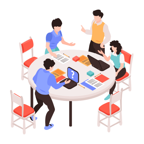 A group of four individuals collaborating around a table with laptops and documents, representing teamwork and project planning.