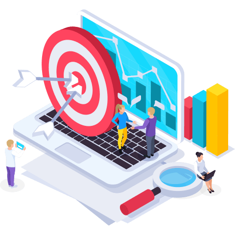 A target on a computer screen with individuals aiming for it, representing goal setting and achievement.