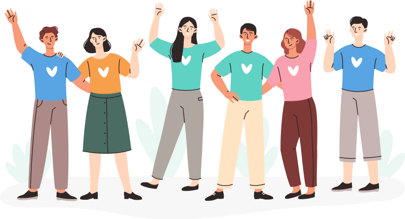 A group of diverse individuals celebrating with raised arms, expressing joy and unity.​