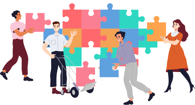 A group of people collaboratively assembling a colorful puzzle, symbolizing teamwork and problem-solving.​