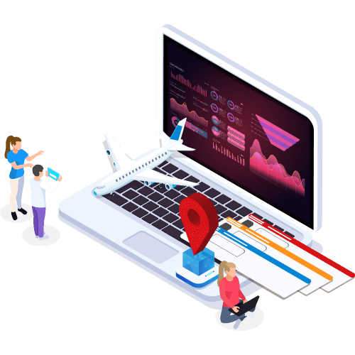 A laptop showing location data and analytics with individuals engaging in discussion, highlighting insights on different locations.