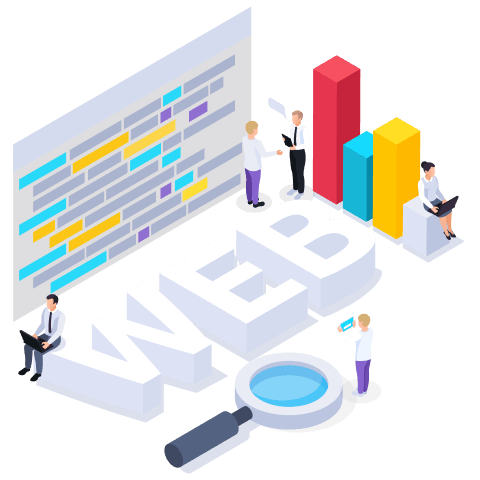 A computer displaying data analysis with charts and people discussing strategies, symbolizing web analytics.