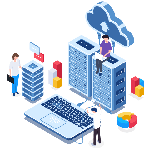 A person sitting on top of a cloud above data servers, with individuals around a laptop and colorful data charts, symbolizing cloud computing and data management..