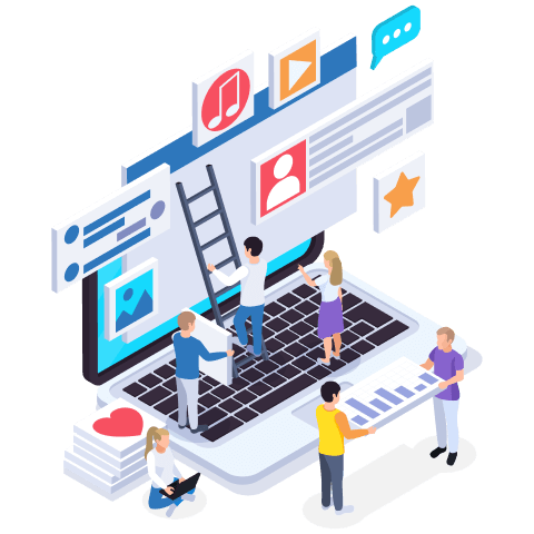 A group of people working together on a laptop, with icons representing social media and communication tools around them.​