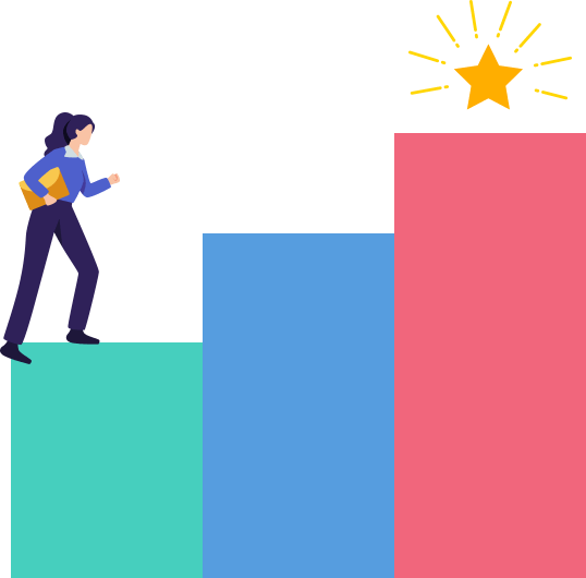 A woman climbing a staircase of bars, representing growth, with a star shining above.​